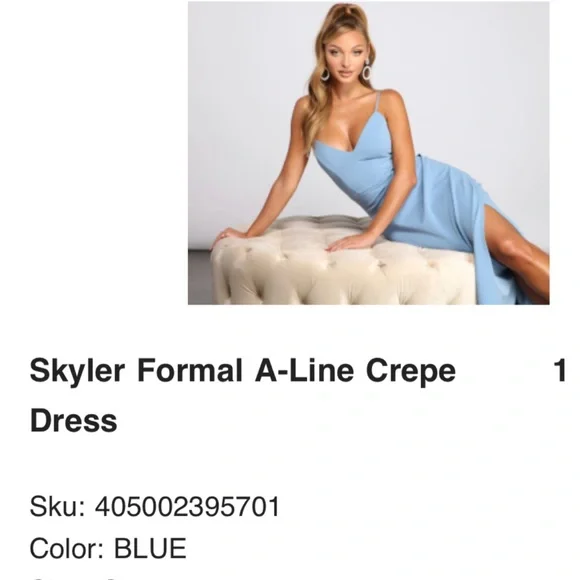 Windsor Skyler Formal A-Line Crepe Bridesmaid Dress, powder blue, size S - Picture 2 of 4